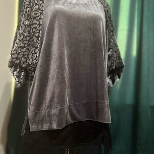 Umgee Gray Velvet Blouse with Patterned Sleeves